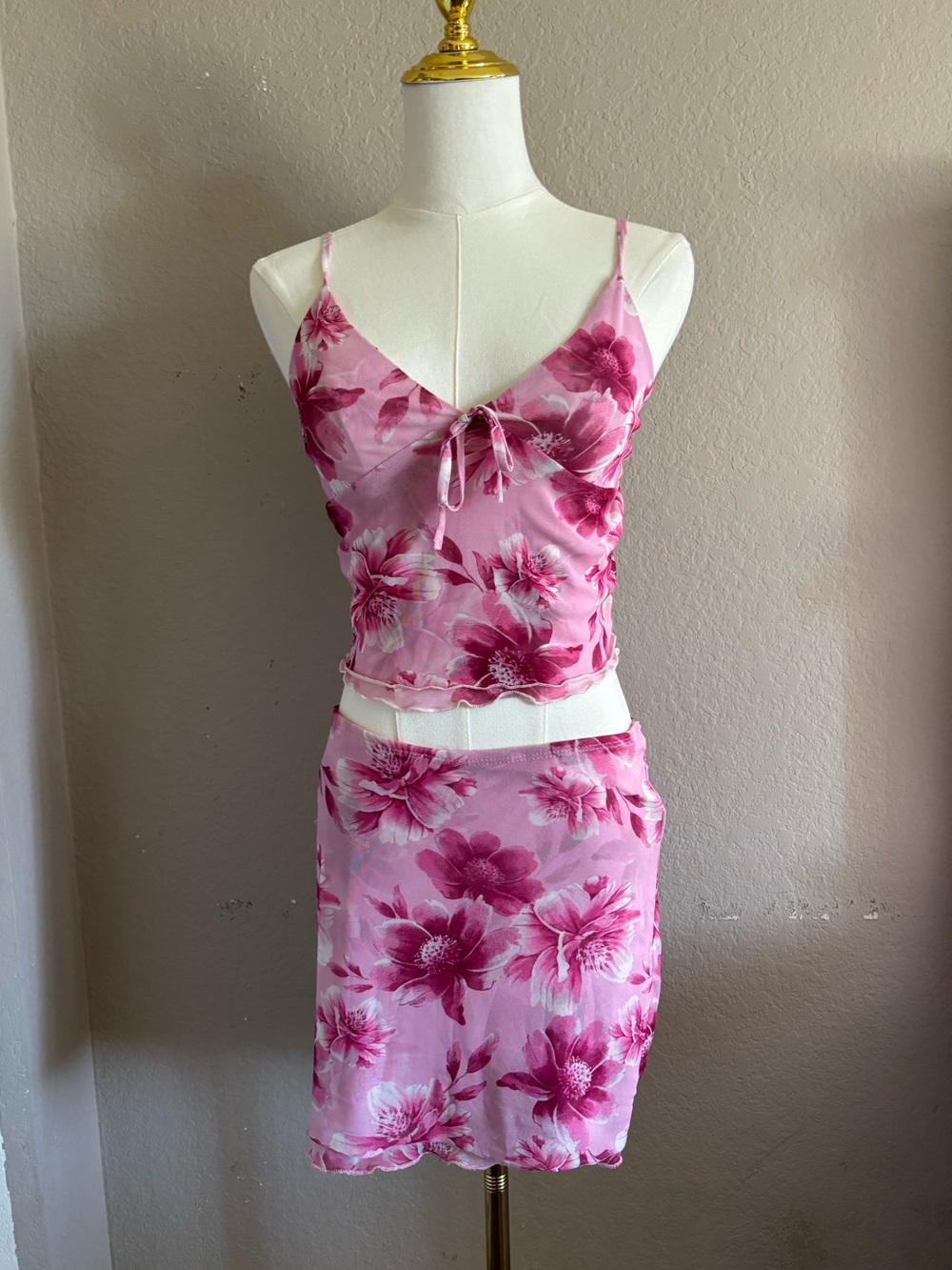 Floral Pink Sheer Slip Dress with Spaghetti Straps